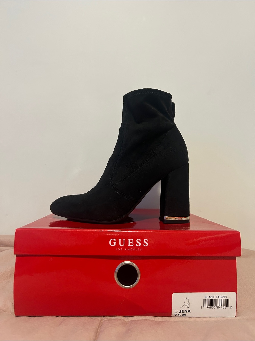 GUESS Jena Black Fabric Sock Ankle Boots Block Heel Silver Detail Size 7.5 M